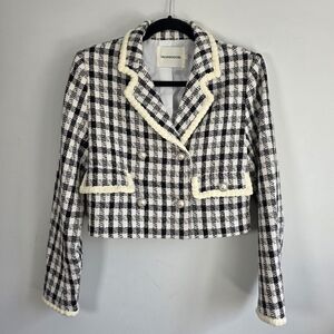 LALUNEDUCUEL Black and White Gingham Cropped Blazer with Notched Lapels Sz Large
